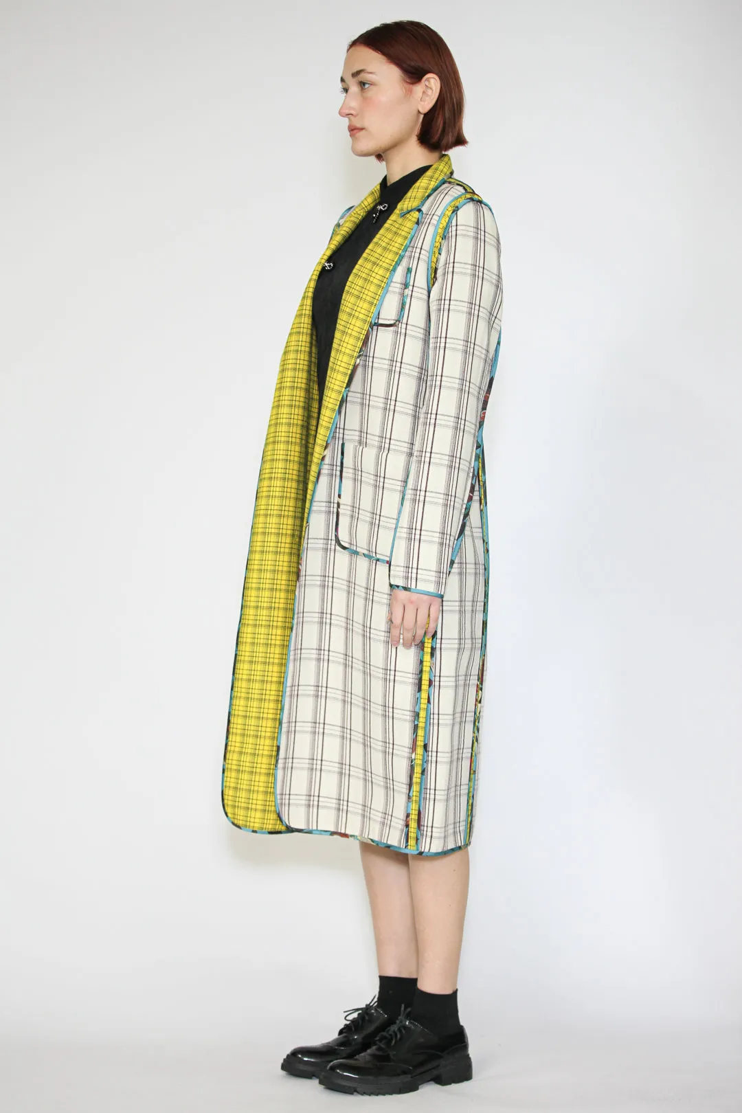 Wool Plaid and Silk Piping Reversible Coat