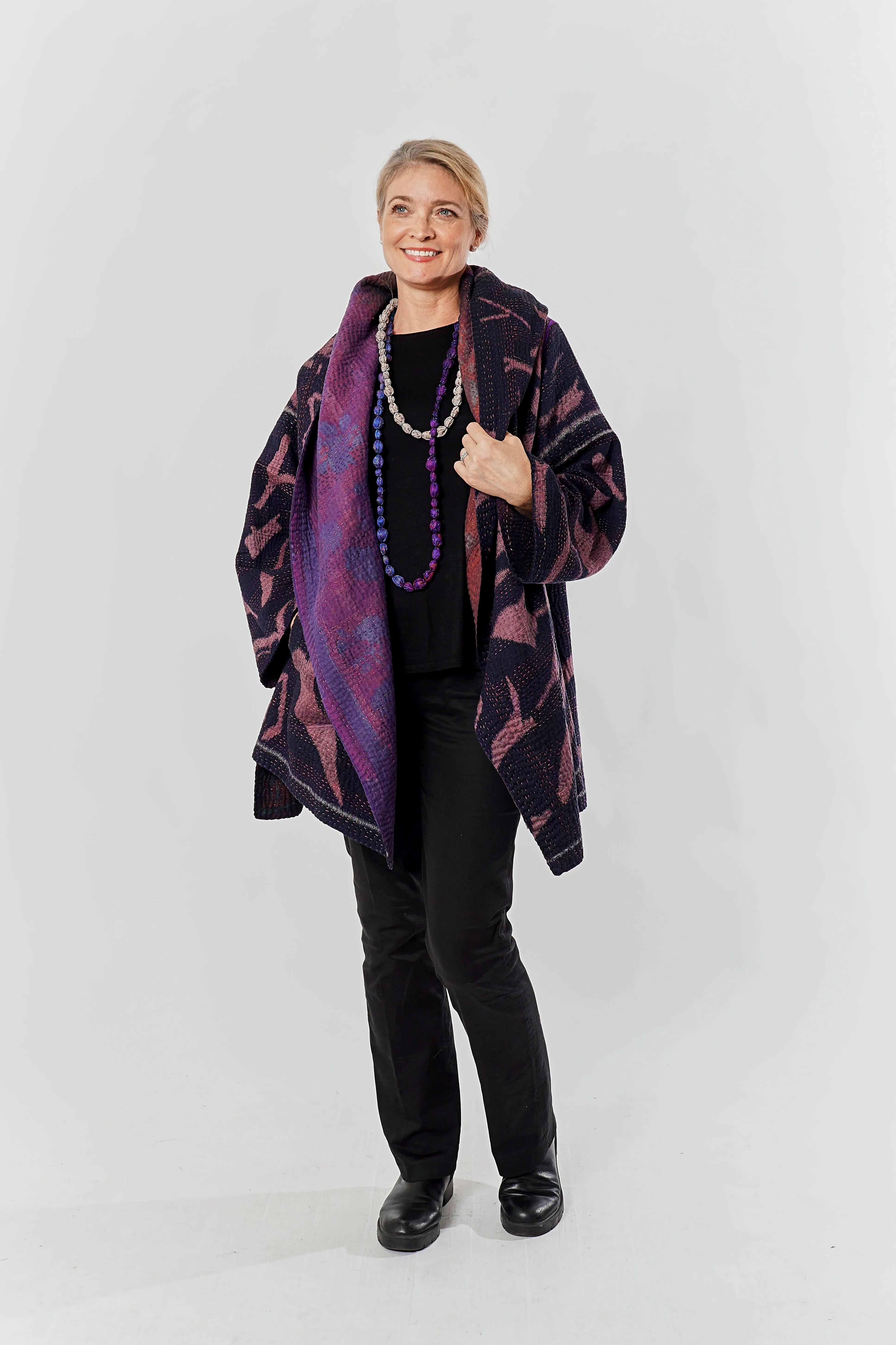 WOVEN HANDLOOM IKAT WITH OMBRE KANTHA HOODED A-LINE COAT - wh4341-prp -