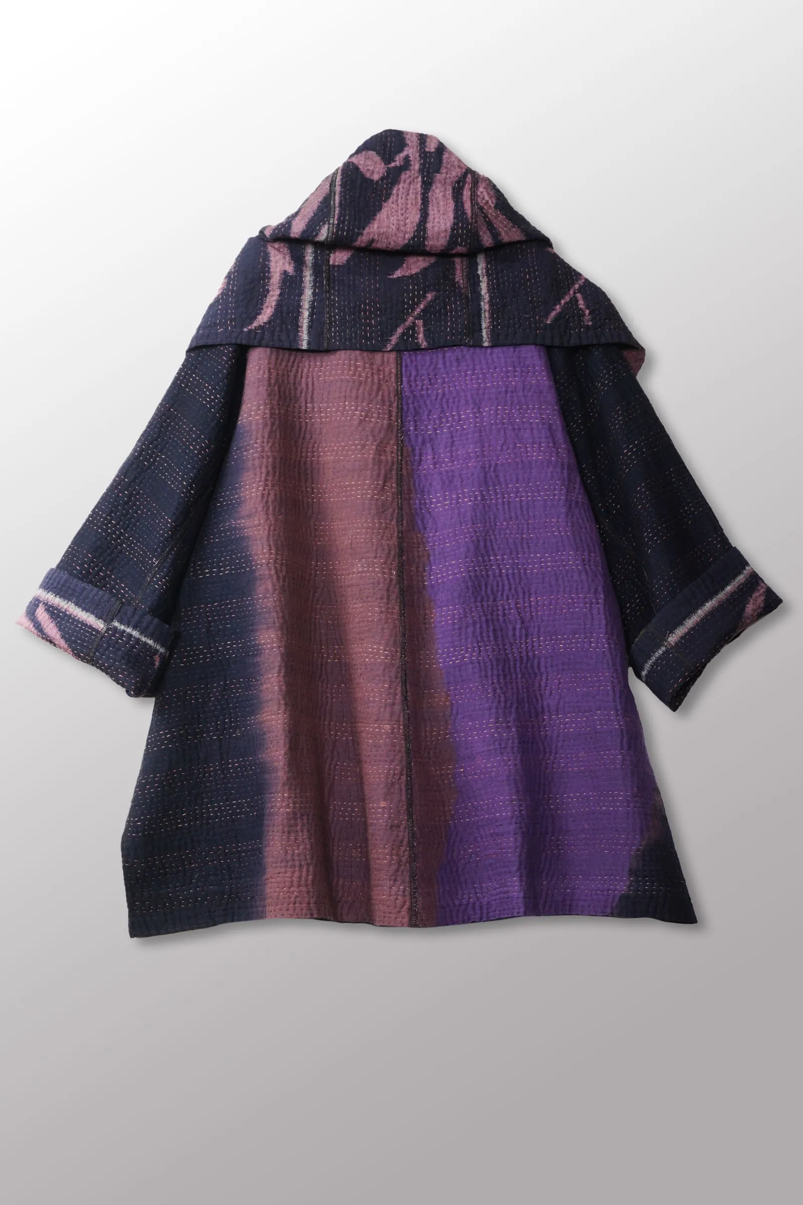 WOVEN HANDLOOM IKAT WITH OMBRE KANTHA HOODED A-LINE COAT - wh4341-prp -