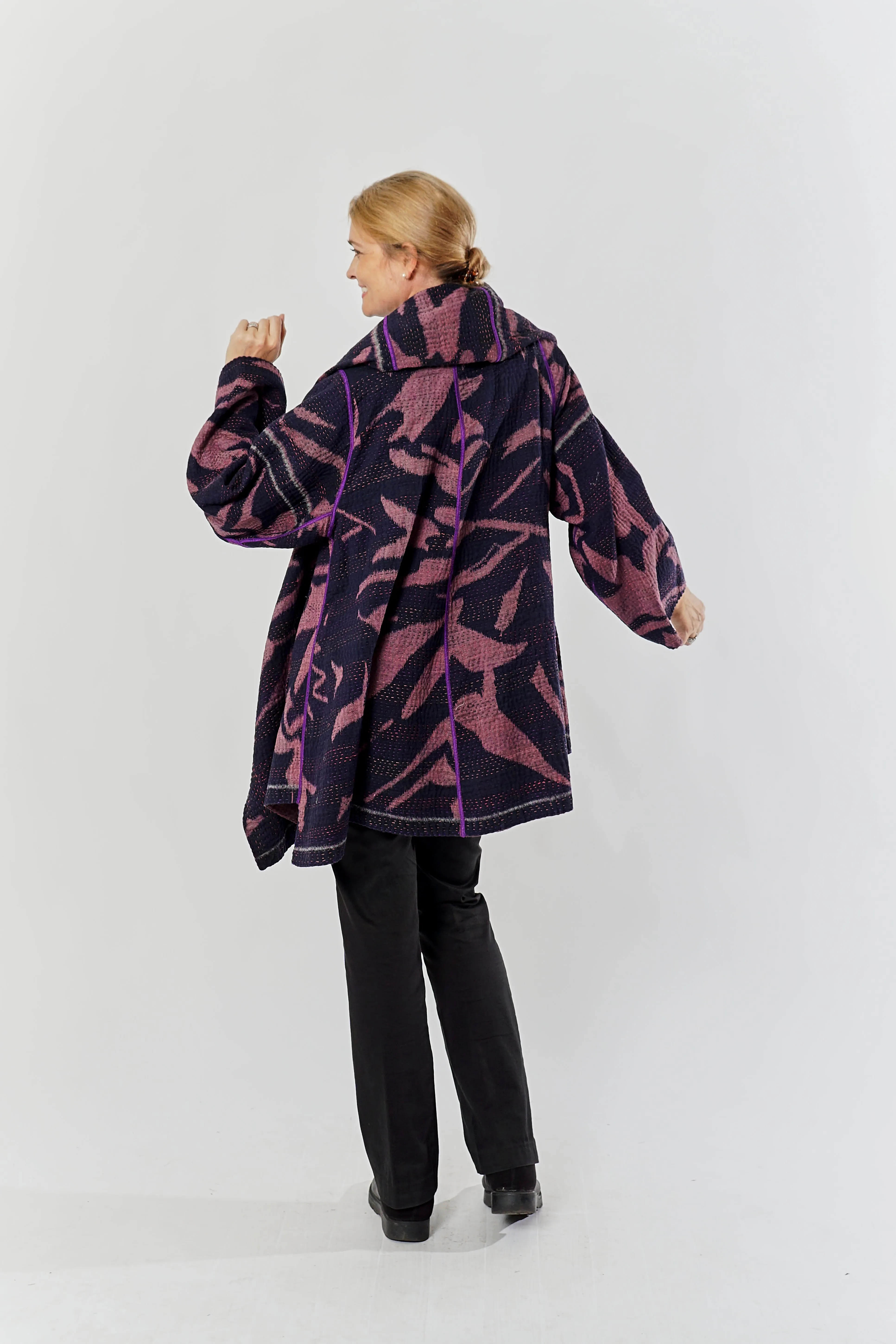 WOVEN HANDLOOM IKAT WITH OMBRE KANTHA HOODED A-LINE COAT - wh4341-prp -