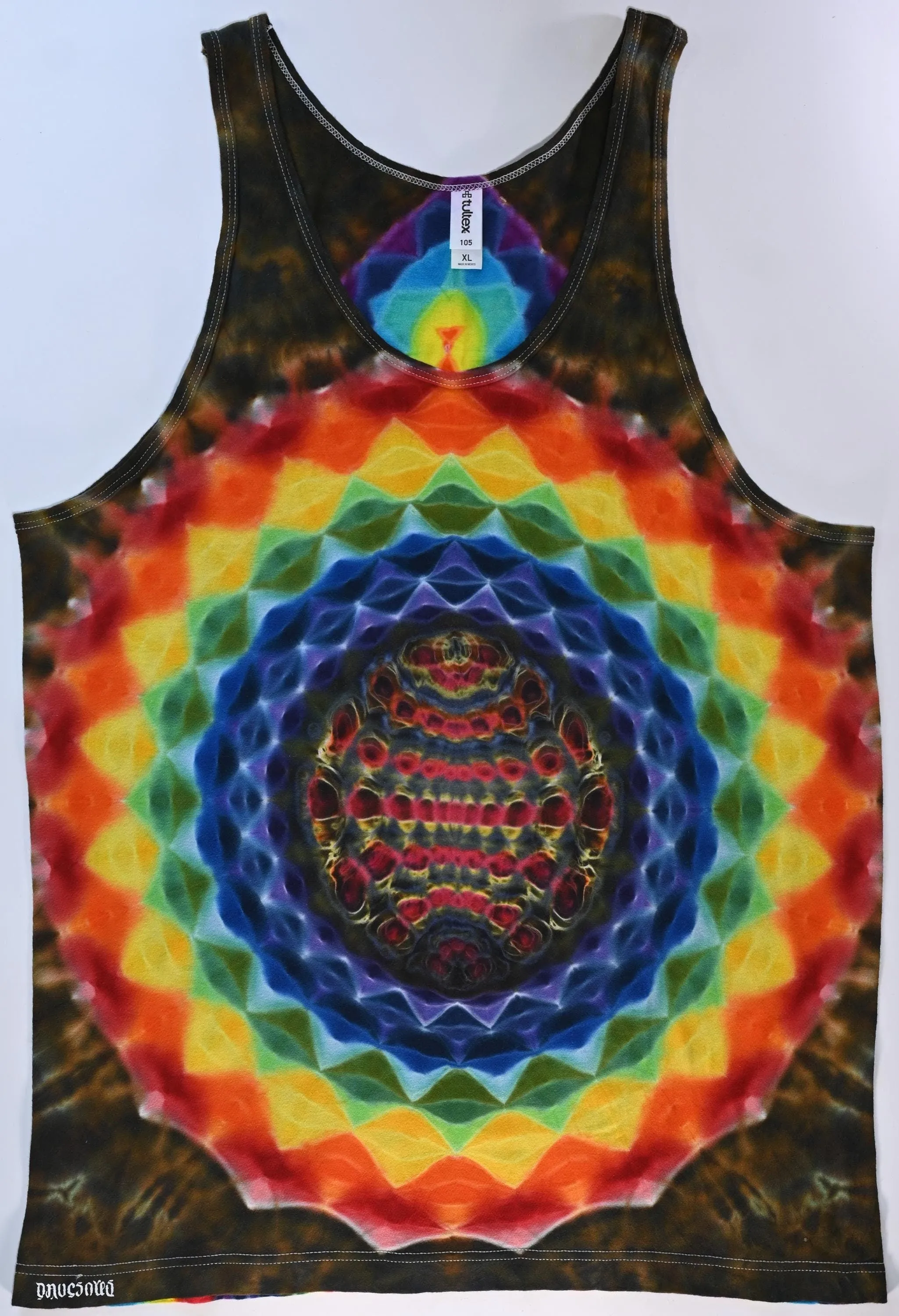 XL 20 Point Mandala Fiery Cosmic Egg Center/ Geometric Tower Back/Scrunch Tie Dye on a Tultex 105 Cotton Tank Top