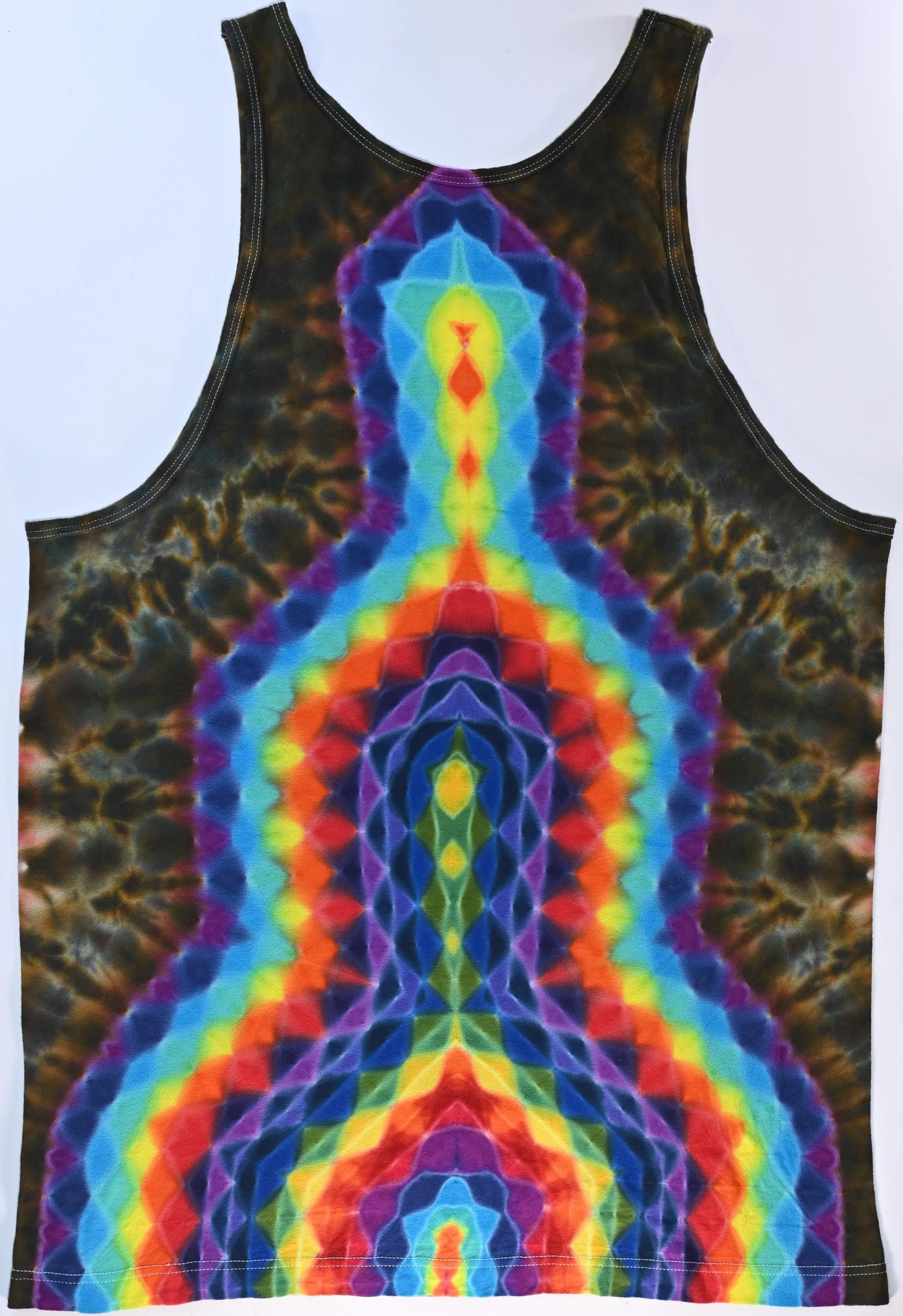 XL 20 Point Mandala Fiery Cosmic Egg Center/ Geometric Tower Back/Scrunch Tie Dye on a Tultex 105 Cotton Tank Top